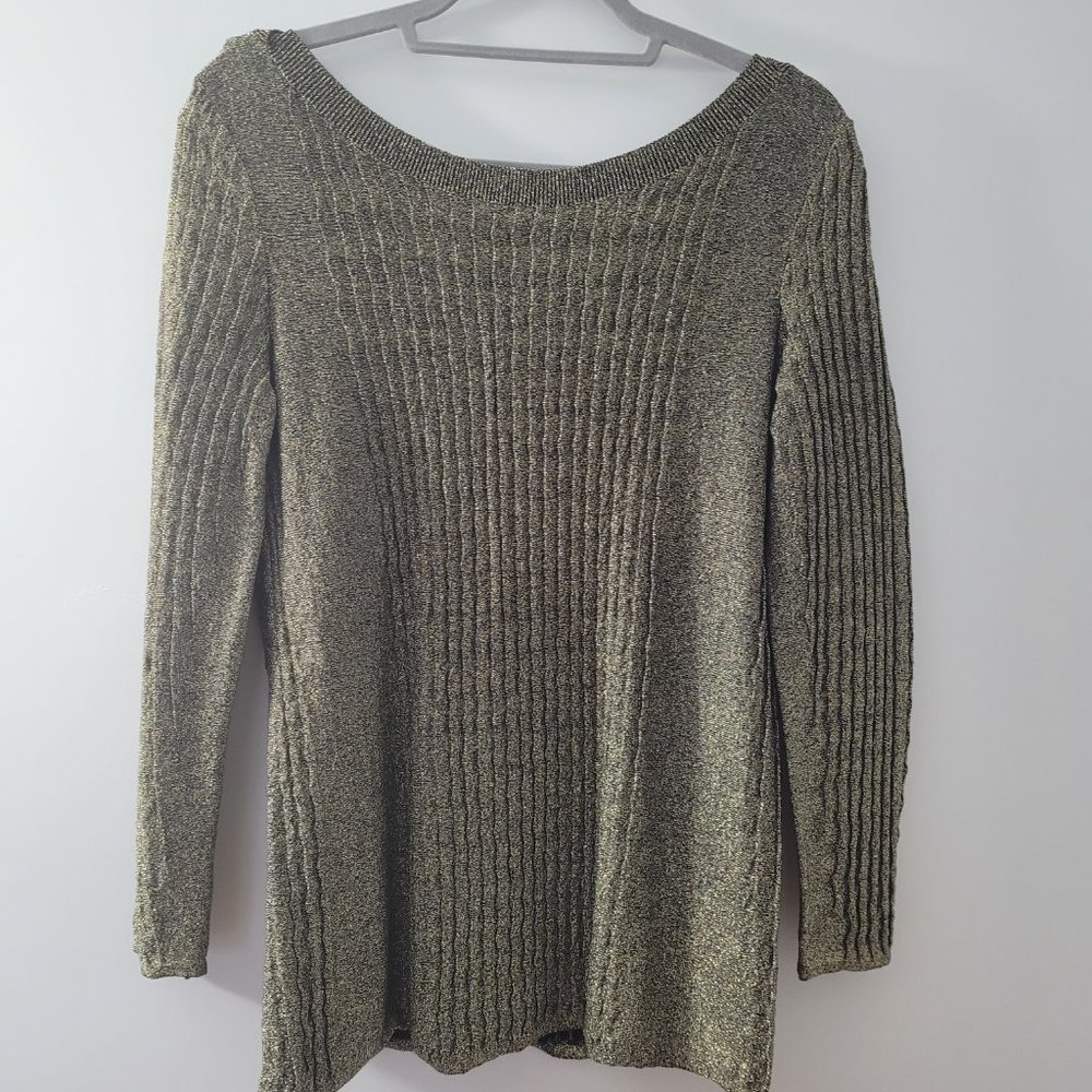 Nic + Zoe Top Long Sleeve Metallic Green/Gold Size S Boat Neck